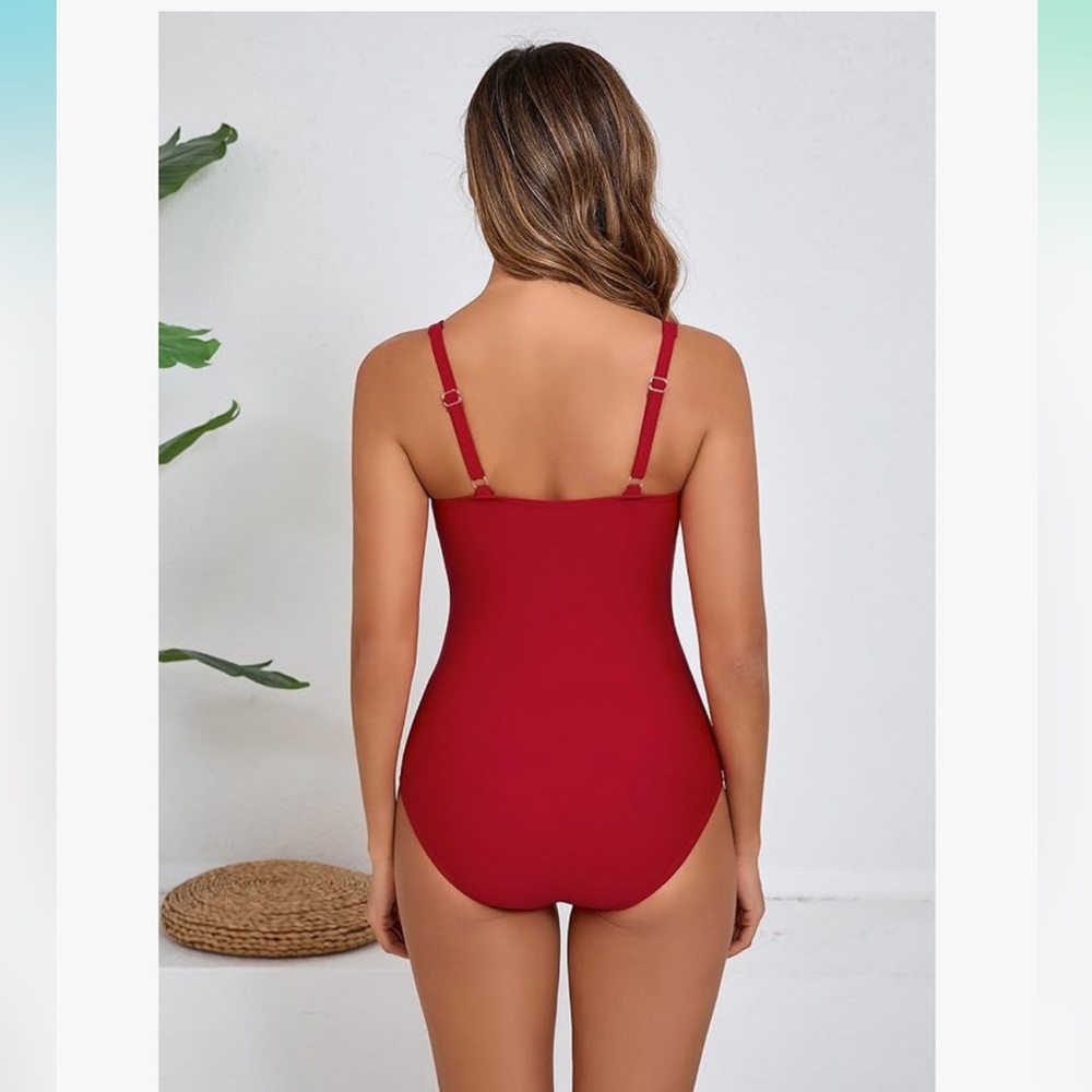 Women's Red Ruched One-Piece Swimsuit - Picture 3 of 9